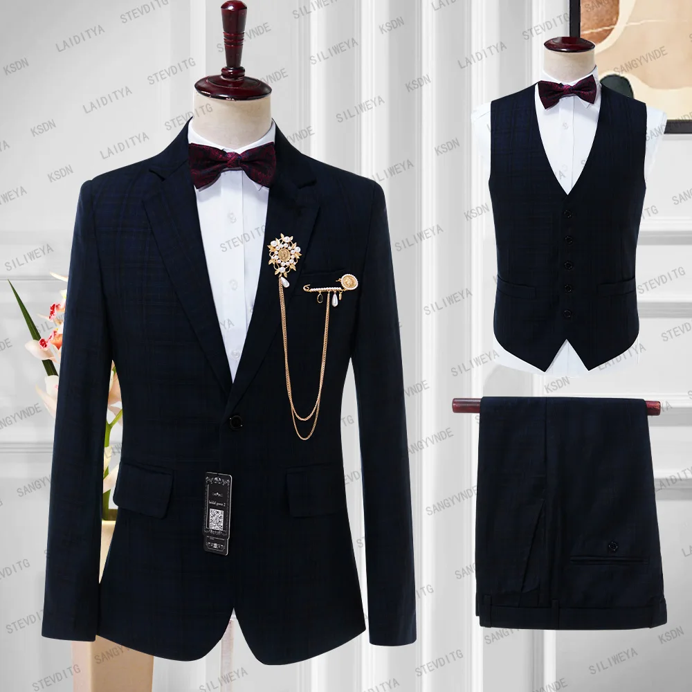 2023 New Arrival Wedding Suit Dark Blue Plaid Notched Lapel Slim Fit Business Regular Tuxedos 3Pcs（Blazer+Pants+Vest）Custom Made