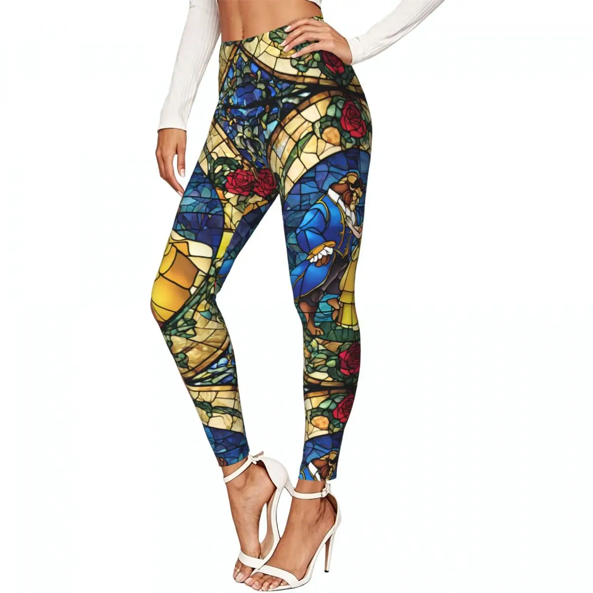 Beauty And Beast Fairytale Glass Print Women Stretchy Leggings High Elastic Comfortable Fitness Yoga Pants