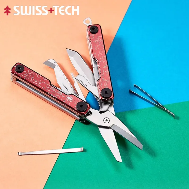 SWISS TECH 12 IN 1 Portable Multifunctional Folding Scissors EDC Multitool Folding Knife Outdoor Camping Hand Tools Box Cutter
