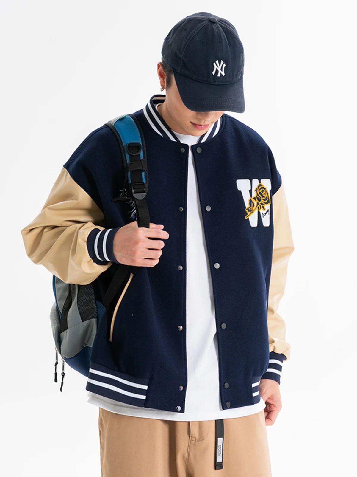 

Wassup2025 Spring Autumn New American Trendy Brand Blue Baseball Jaet Outerwear Men's Woolen Coat Million Needle Embroidery