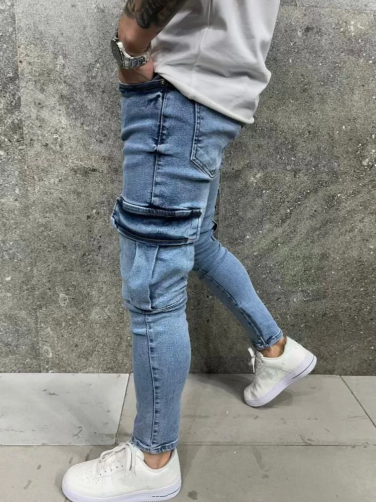 Jeans cargo skinny alla moda Tasca da uomo Slim Fashion Streetwear Pantaloni con piedi piccoli Pantaloni da uomo in denim hip-hop elastico lavato