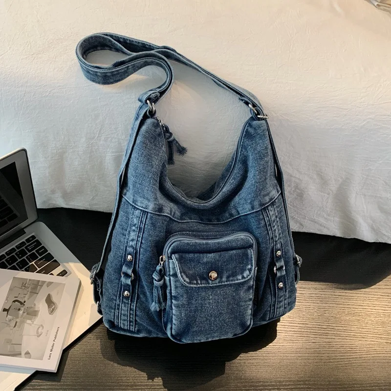 Versatile Multi Pocket Shoulder Bag Korean Style High Quality Denim Tote Bag New Casual Solid Color Women Shoulder Bag