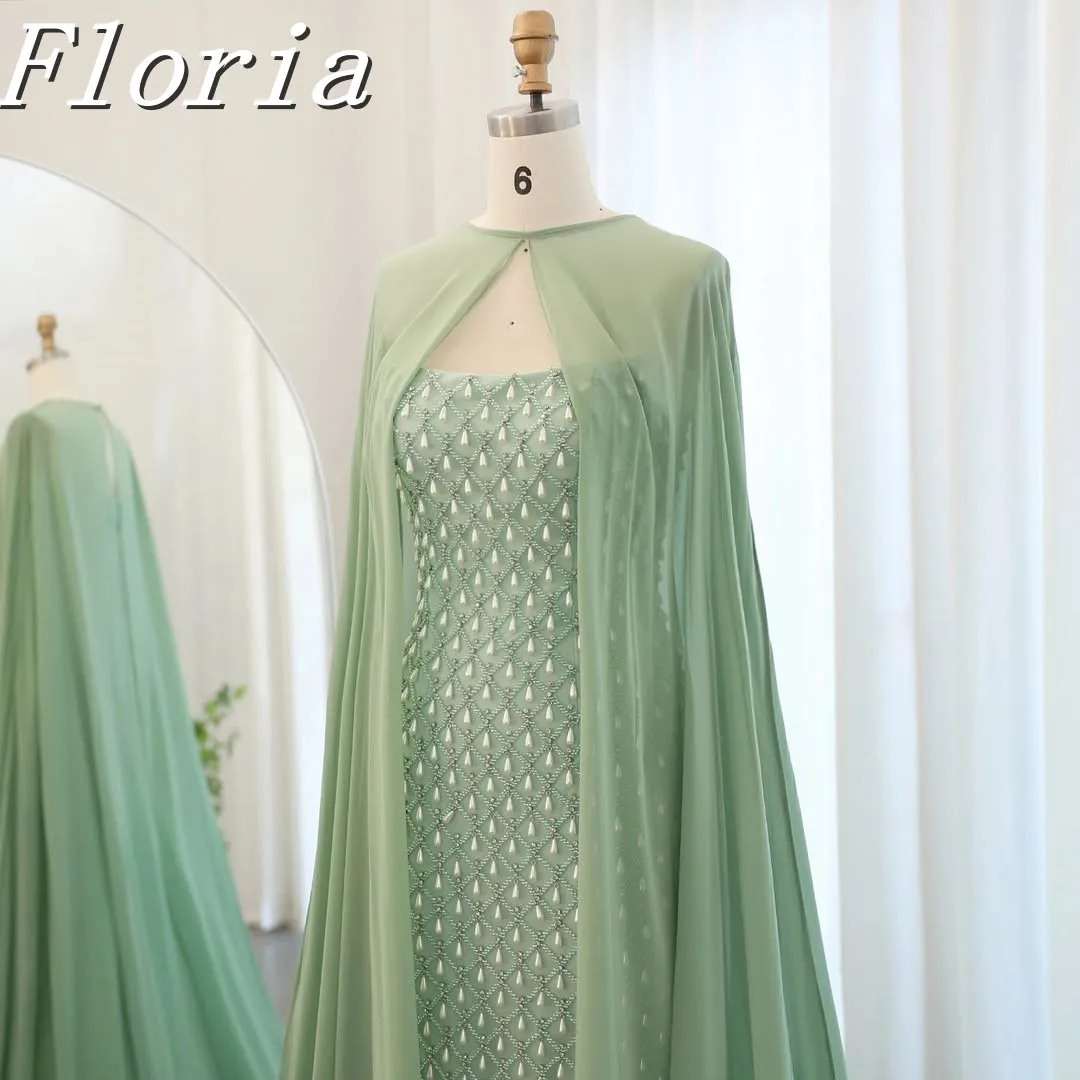 โมเดิร์น Mint สีเขียวคริสตัลไข่มุก Mermaid ชุดราตรีประดับด้วยลูกปัดปิดไหล่ชุดปาร์ตี้กวาด Tulle รถไฟที่กําหนดเอง
