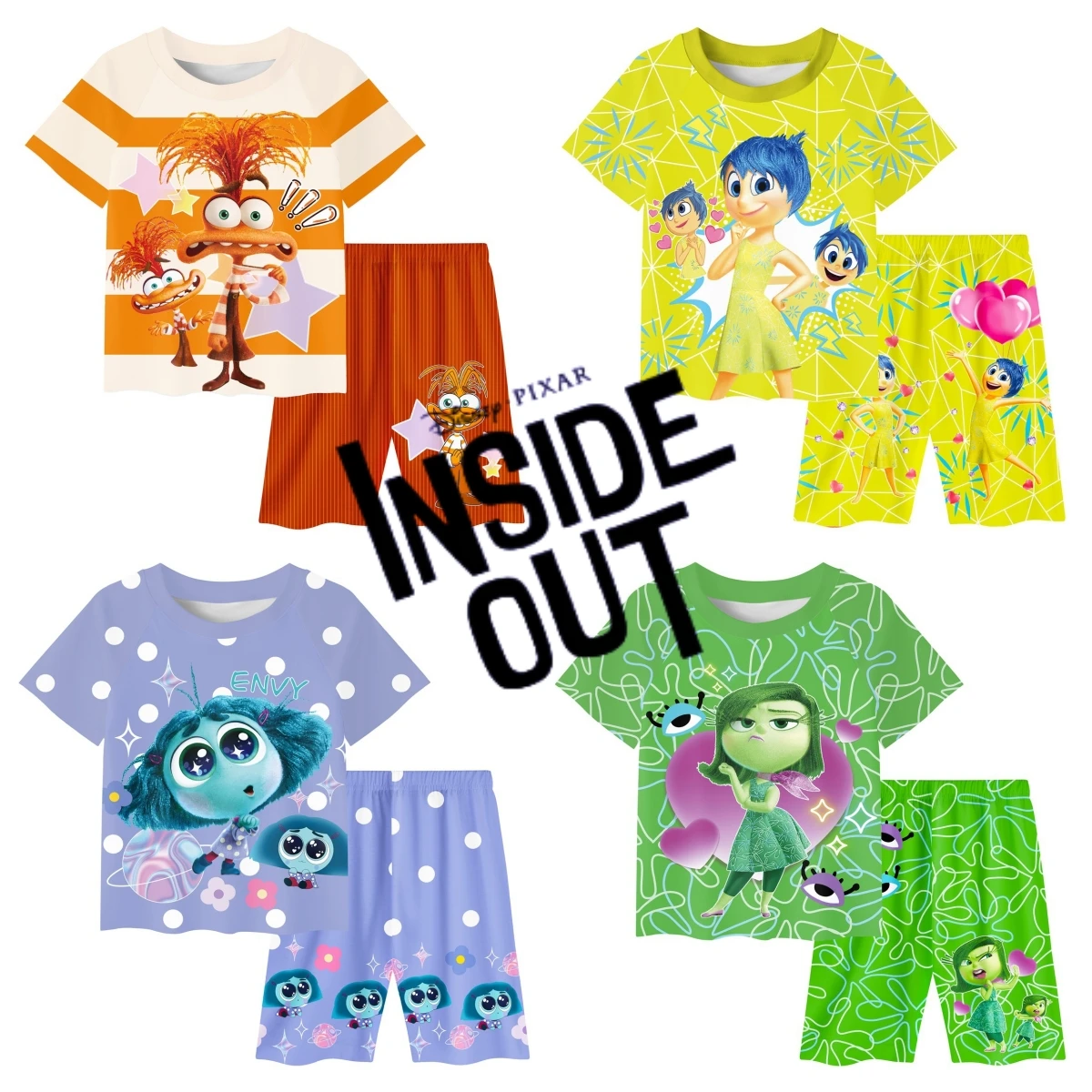 Inside Out 2 T-shirt Pants Suit for Kids Cartoon Movie Emotion Tee Shorts 2pcs Set Summer Sportswear Boys Girls Loungewear Gift