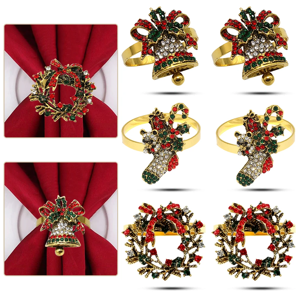 6Pcs Christmas Napkin Rings Diamond Jingle Bell Socks Xmas Wreath Napkin Holder Christmas Thanksgiving Holiday Party Table Decor