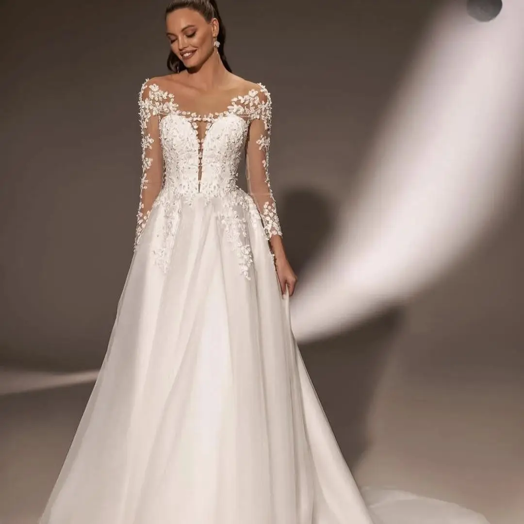 Prachtige A-lijn Trouwjurk Lange Mouwen Kant Applicaties Tule Organza Bruidsjurken Vloerlengte Bruidsjurken Prachtig 2024