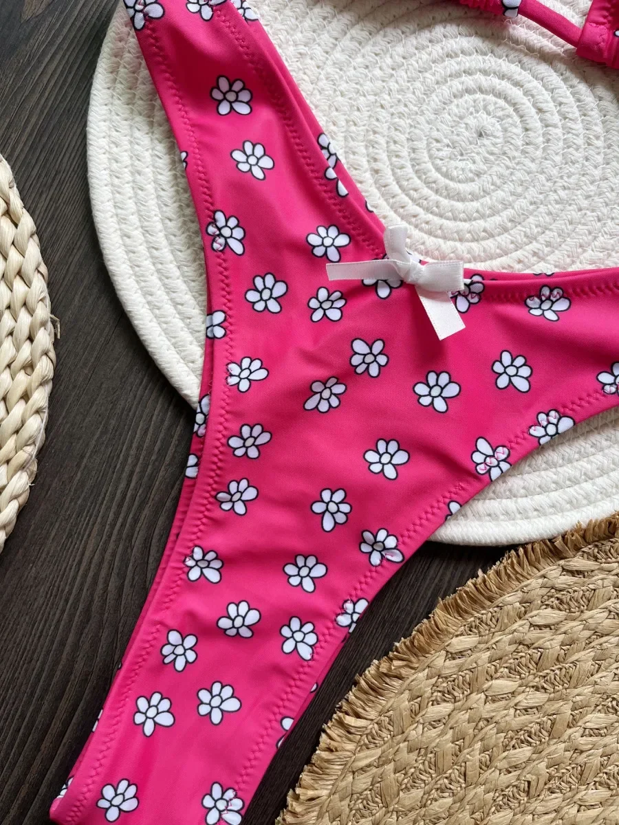 Swimsuit Women's Rose Red Flower Print Sexy 2 Pieces Bikini Set Triangle Halter Backless Thong Beach Bathing Suit 2025 New Style