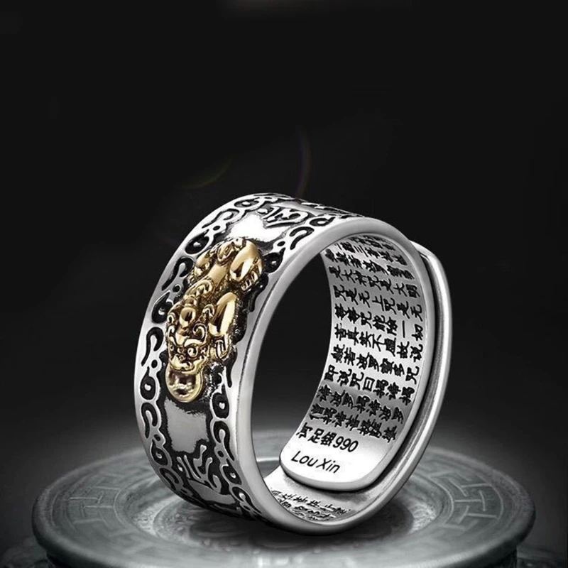Open Adjustable Men's Ring Original Feng Shui Pixiu Mani Mantra Protection Wealth Charm Amulet Lucky Buddhist Rings for Men