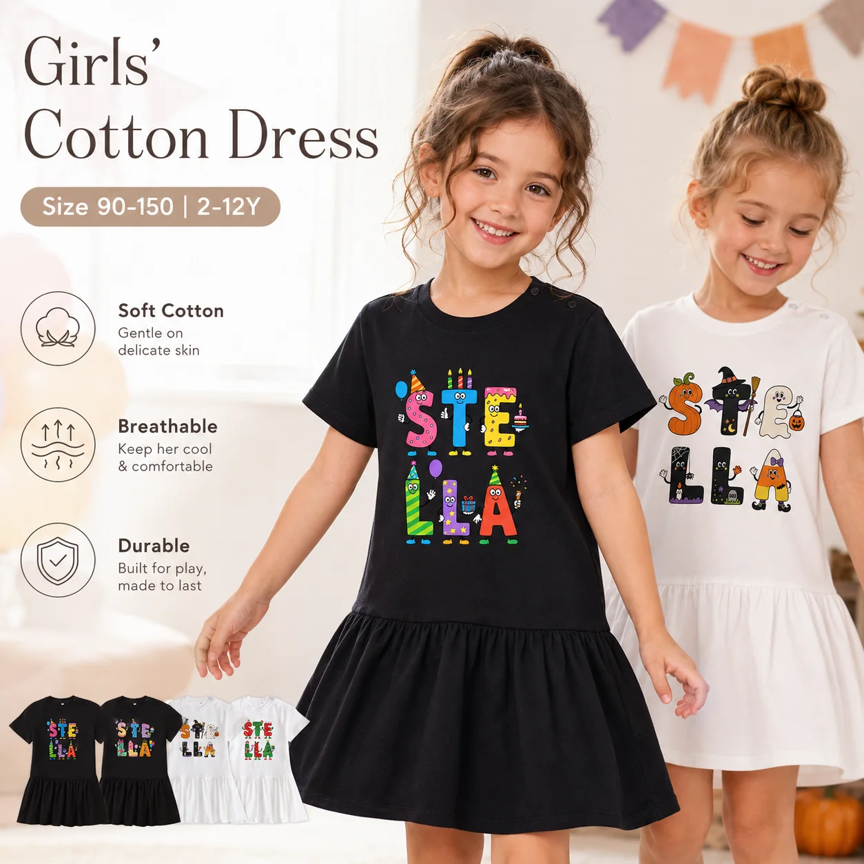 Cute child girl dress summer Fashion fun print letter kids Short sleeve skirt festival cartoon party little girl princess dress