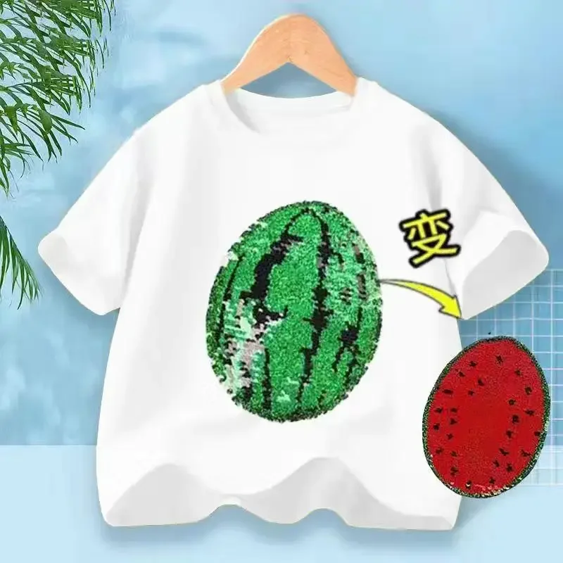 

Short Sleeved Children Sequin Top Cute Watermelon Conversion Touch Color Changing Small and Medium-sized Children's T-shirt