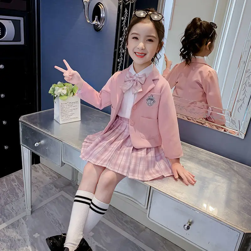 3 pcs Girls Clothes Set 2022 spring fall jacket+shirt+skirts for Girl Kids JK Clothes Children Clothing 4-14  Years