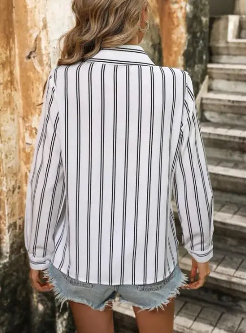 Primavera/verão moda feminina listrado camisa solta manga longa estilo de deslocamento nova chegada para senhoras