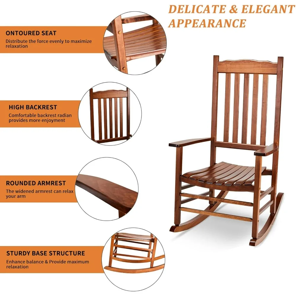 Outdoor Rocking Chair, Solid Wood High Back Rocker,All Weather Lounge Chair for Porch Patio Fire Pit Garden Backyard Deck Indoor