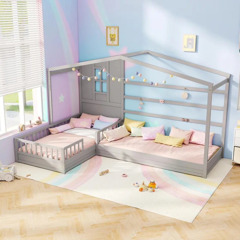 

MAT EXPERT Wooden House Bed, L Shaped for 2 Kids w/Window & Roof, Fence & Slats, Twin Floor Montessori Bed for Boys, Girls,Teens