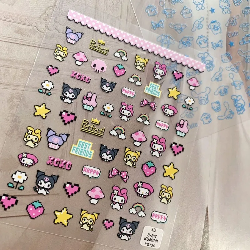 Cartoon Sanrio Nail Sticker Pixel Melody Mosaic Kuromi Anime Stickers Nail Art Decoration DIY Press On Nails