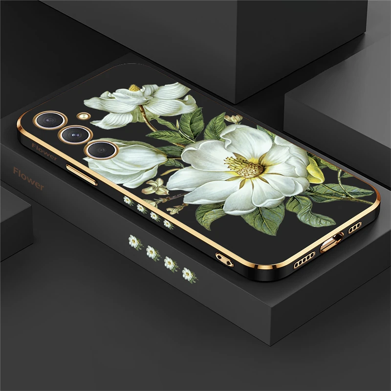 Flowers Silicone Case For Samsung Galaxy A54 A53 A52 A34 A33 A23 A13 A04E A14 A22 A72 A73 Luxury Plating Soft Cover Coque