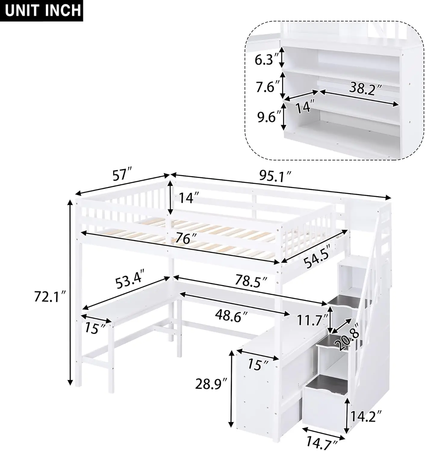 Wood Full Loft Bed Frame with L Shaped Desk Storage Shelves Attached Stairs for Kids No Box Spring White