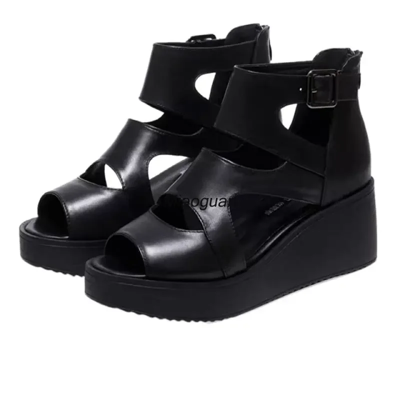 High Quality Soft Leather PU 2024 Summer Sandals High Heel Platform Sandal Boot Wedge Peep Toe Women\'s Shoes Hollow Roman Black