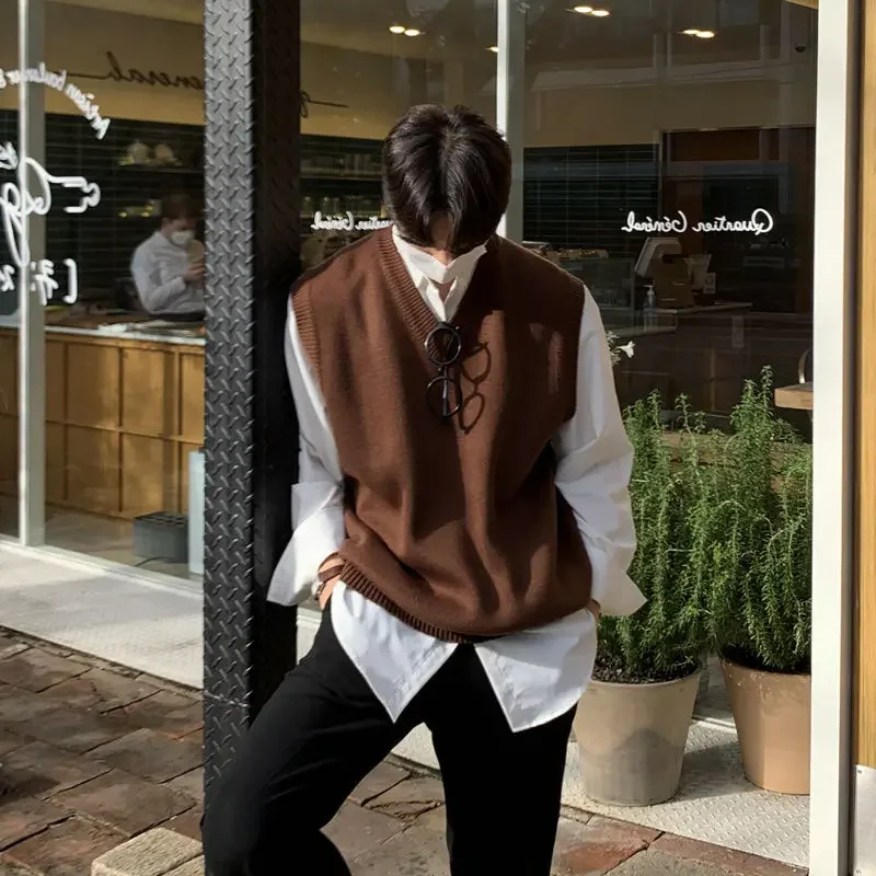 

Мужской вязаный жилет без рукавов, однотонный, с V-образным вырезом, белый, плотный, зимний, осенний, в корейском стиле, свободного кроя JJ1202