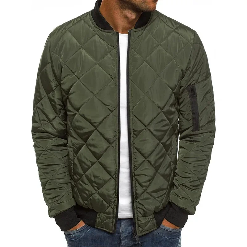 Pop Men's Solid Color Diamond Check Seaming Thickened Standing Collar Cotton-padded Jacket, Winter New Casual Warm Zipper Jacket