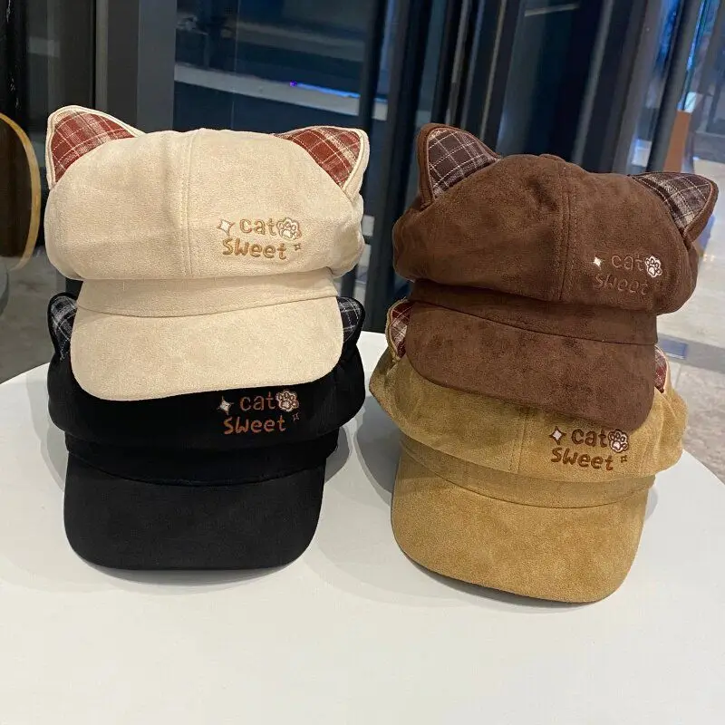 Kawaii Cat Ear Newsboy Cap Faux Suede Women Baker Boy Cap Letter Embroidery Autumn Winter Street Snap Beret with Brim Y2k Hat