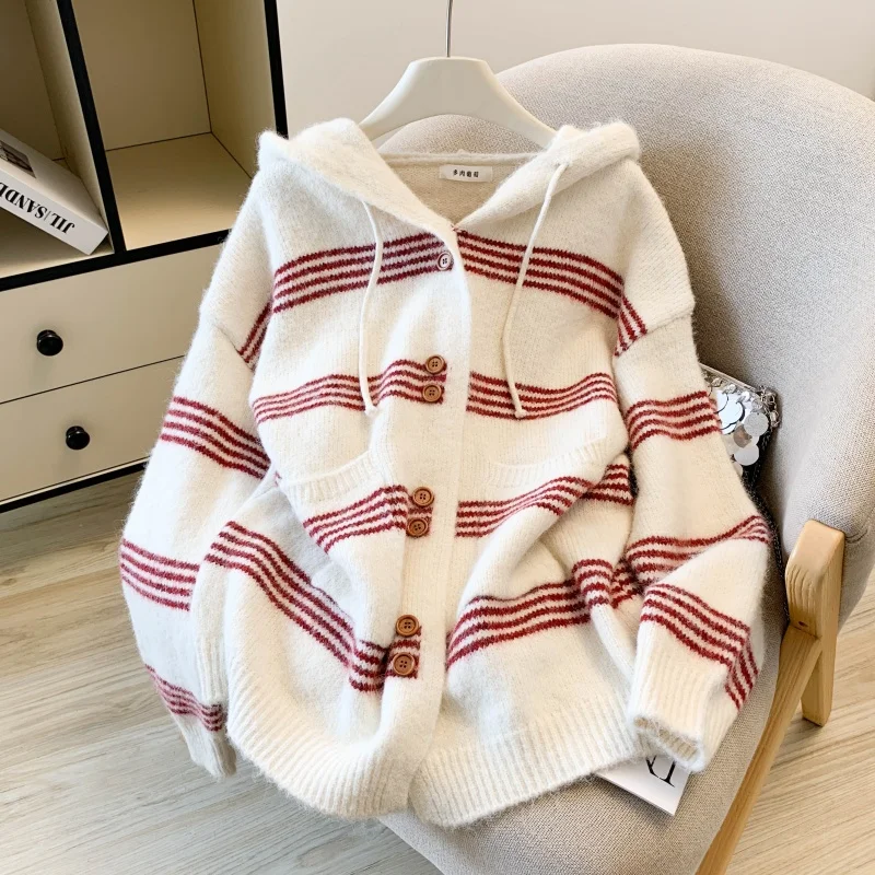 

Women Red Striped Hoodie Cardigan Jumper Sweater 90s Vintage 2000s Y2k Preppy Style Knitwear Long Sleeves Sweater Autumn Clothes