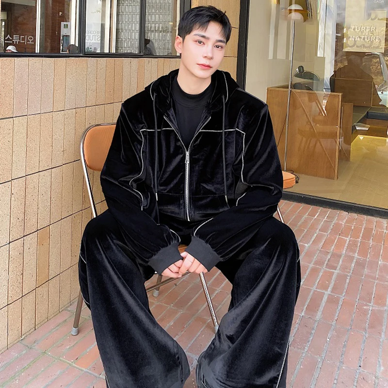 LUZHEN Personalized Men's Korean Velvet Casual Hooded Set Ribbon Sweatshirts Trendy Wide Leg Pants 2024 Autumn Two-piece LZ6849