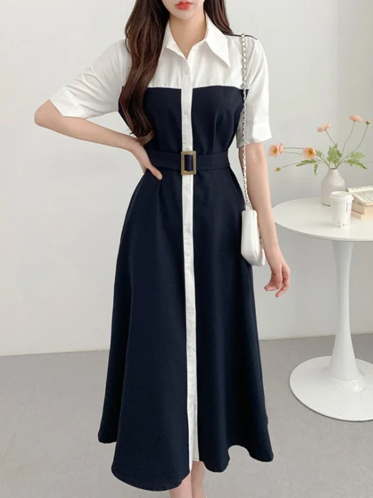 Abito camicia elegante con risvolto con lacci primavera estate Abito da donna vintage doppiopetto patchwork Abito da sera lungo da donna da ufficio