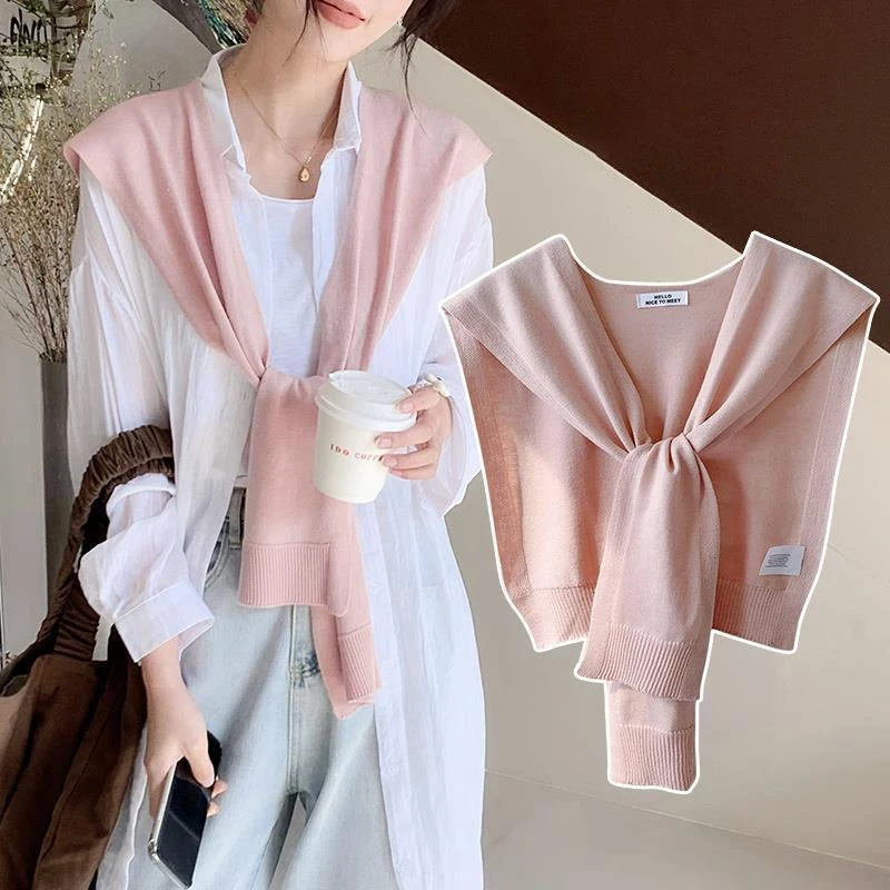 Korean Knitted Shawl Summer Air Conditioning Fake Collar Neck Guard Knit Thin Knotted Cape Shoulder Scarf For Women