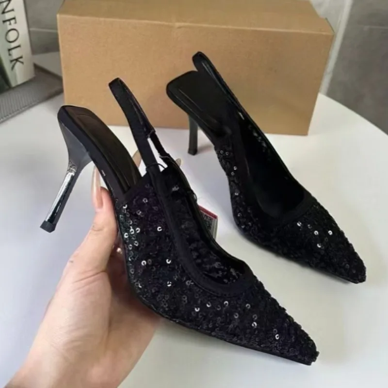 

Luxury Designer Black Sequin Pumps Women Sexy Pointed Toe Slingback High Heels Stilettos Evening Wedding Prom Party Shoes Ladies