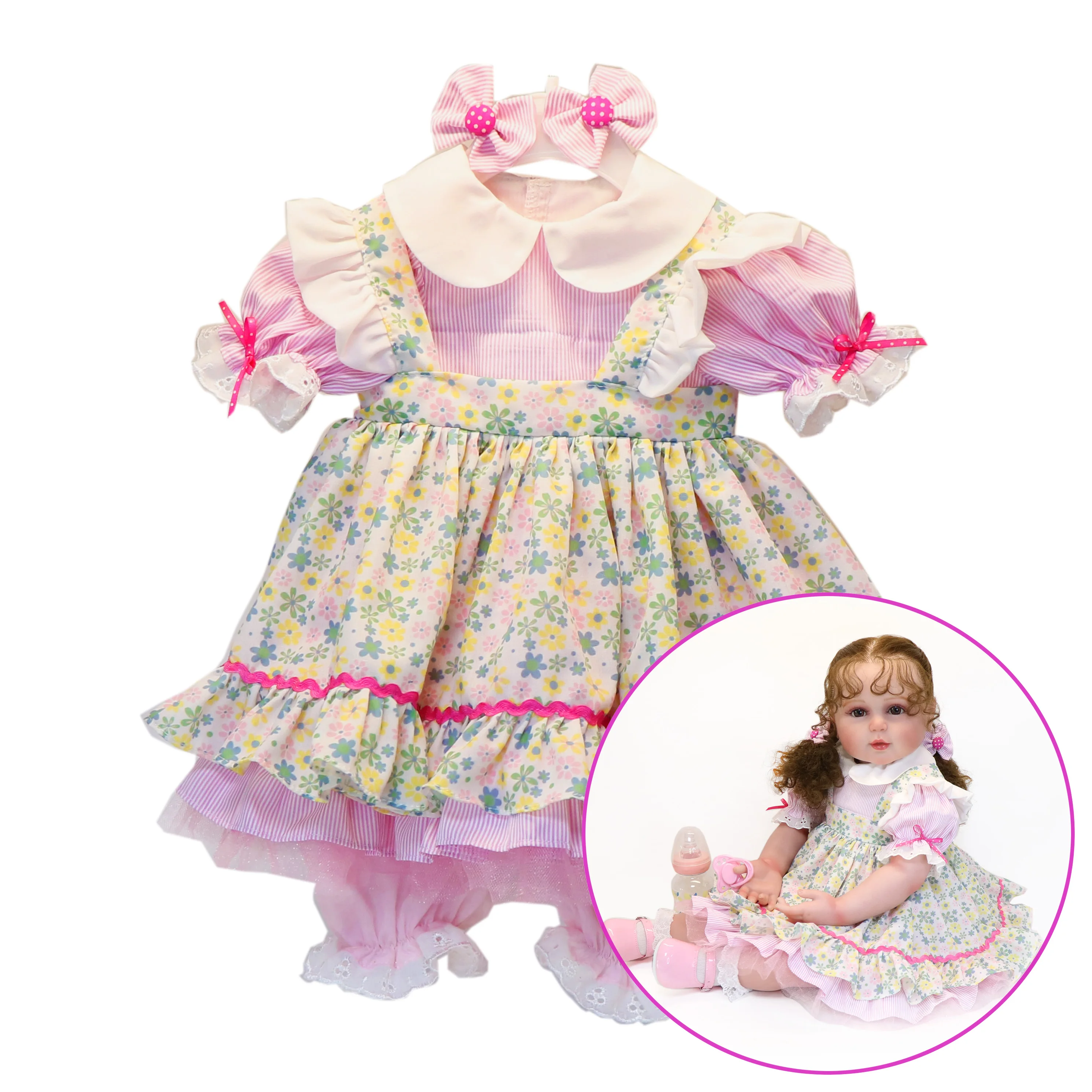 Toddler Time Baby Outfit Fit For 22- 25 Inch Baby Dolls, Dress Has Pastel Floral Print Dress With Stripes Dress