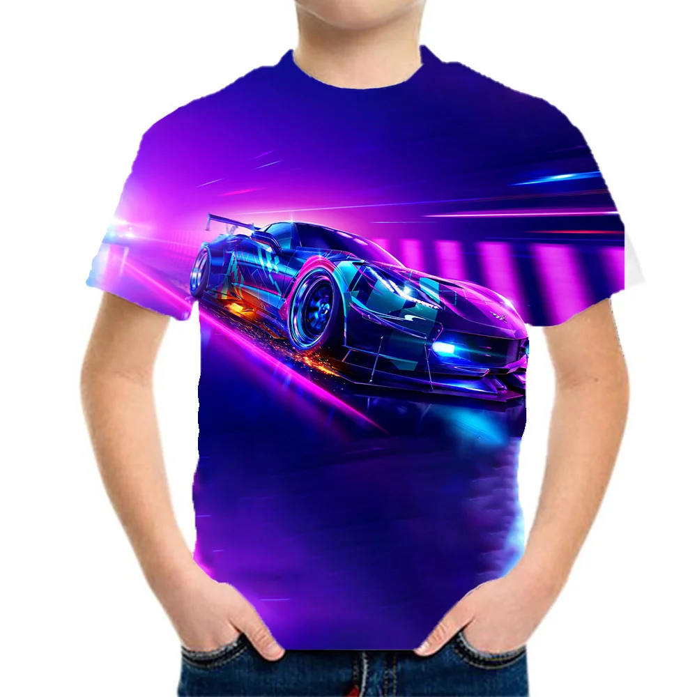 Men's Purple Cool Racing 3D Pattern T-shirt Summer Clothing Teenagers Top Korean Style