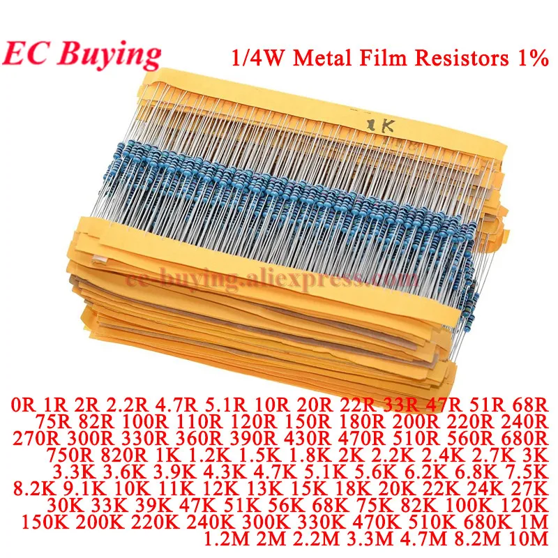 Rezystor metalizowany 20-100 szt. 1/4W 0,25W 1% 100R 220R 1K 1,5K 2,2K 4,7K 10K 22K 47K 100K 220 1K5 2K2 4K7 Ohm Rezystancja 1R~22M