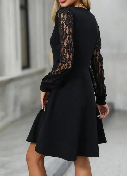

Autumn New Solid Color V-Neck Lace Patchwork Long Sleeved Dress with Elegant Ladies' Temperament, Solid Color A-Line Party Dress