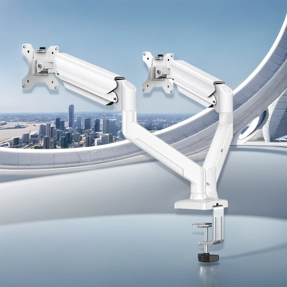 Podwójny stojak na monitory z mocowaniem przez przelotkę z zaciskiem C, udźwig do 9 kg, rozszerzany uchwyt na wyświetlacz do domu i biura.