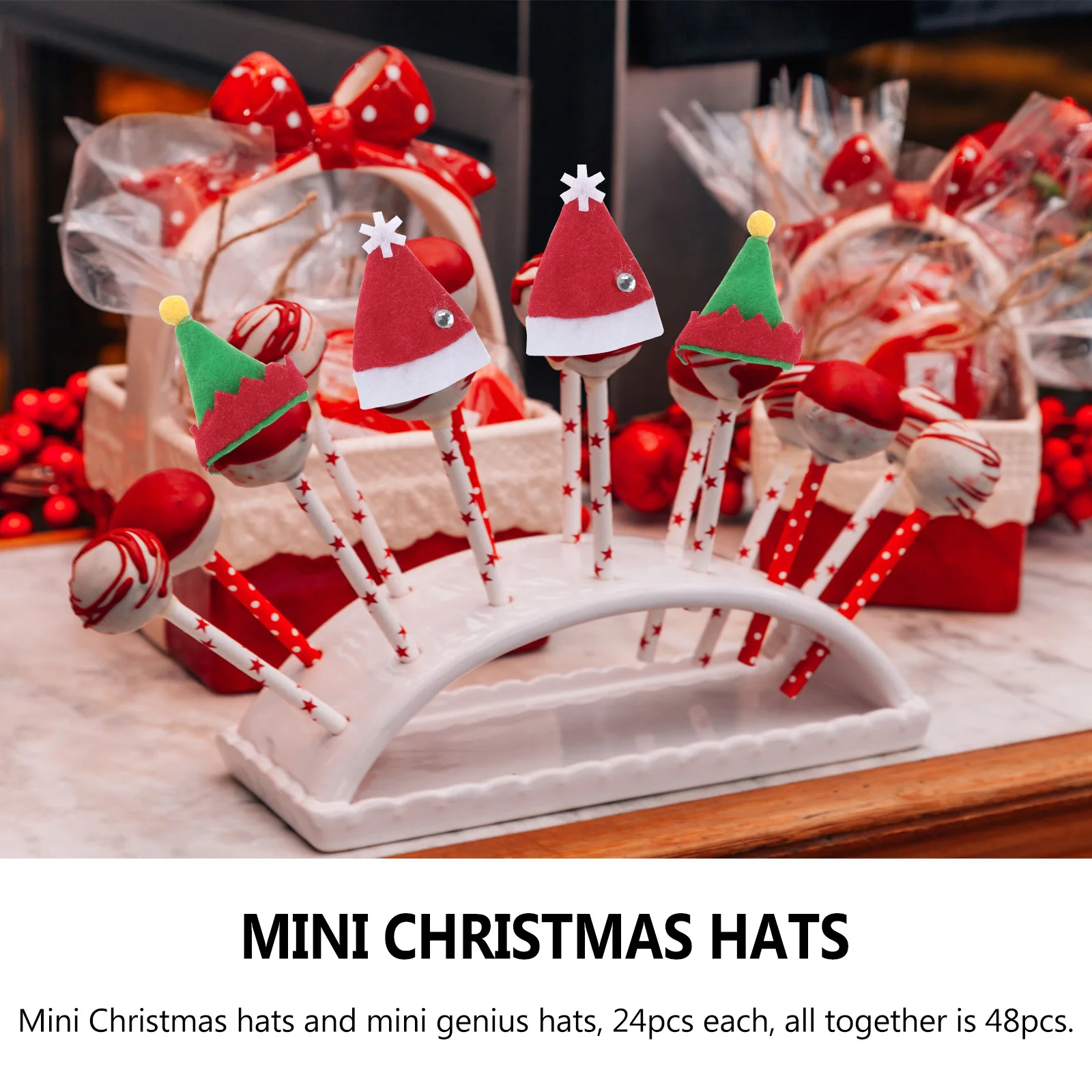 

48Pcs Mini Christmas Lollipop Hats Reusable Non-Woven Fabric Candy Packing Caps Holiday Celebration Decoration Christmas Gift