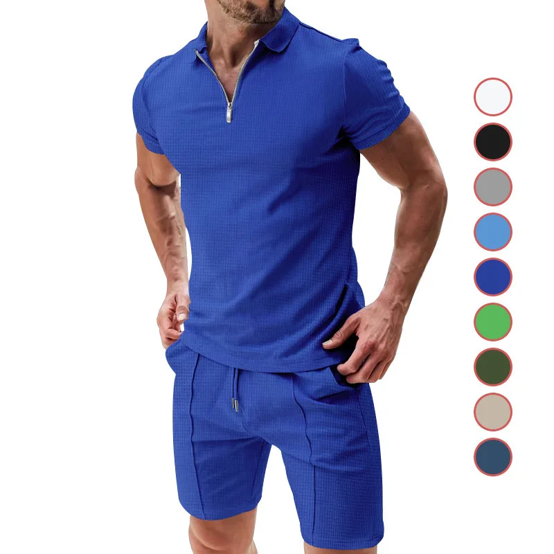 men's short sleeve shorts casual suit new summer waffle solid color casual loose lapel t-shirt suit men