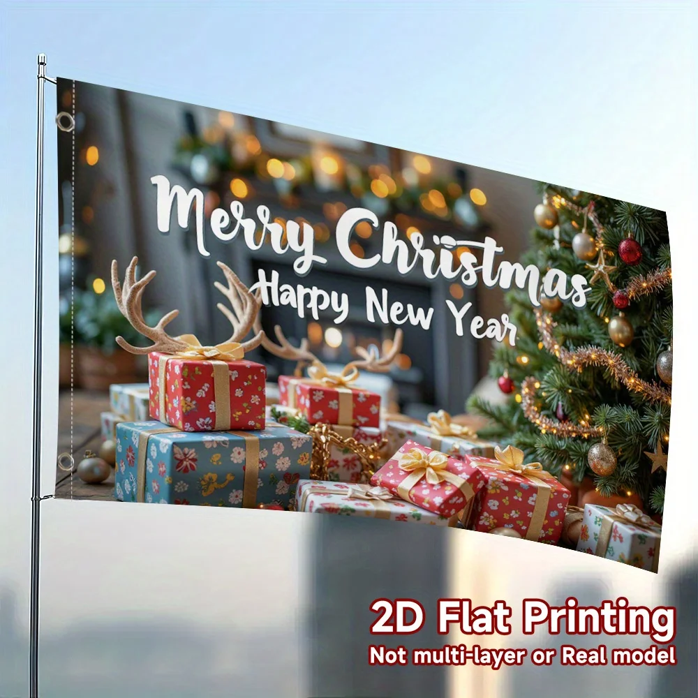 Merry Christmas Flag,2D FLAT PRINTING Christmas tree gifts Pattern Square Flag Polyester Fabric,No Electricity
