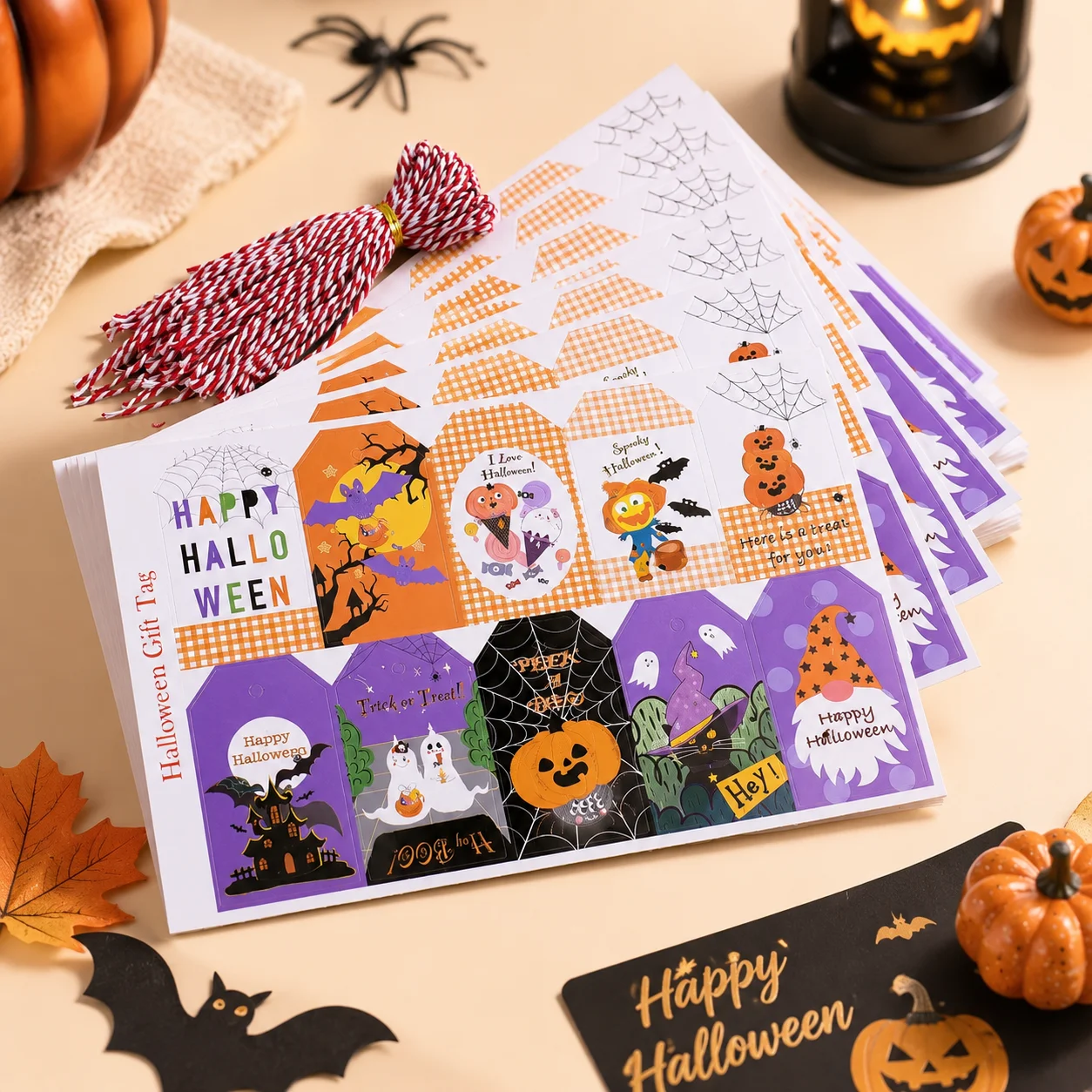 50pcs Vintage Halloween Pattern Gift Box Tags, 10 Different Pattern Designs, Perfect for Party Gift Wrapping and Box Decorations