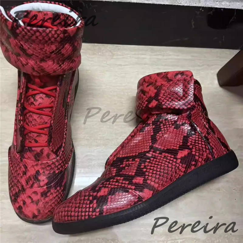 Snake Patterned High Top Boots for Men Mixed Colors Genuine Leather Round Toe Thick Soled Causal Sneakers Outdoor Sports Shoes