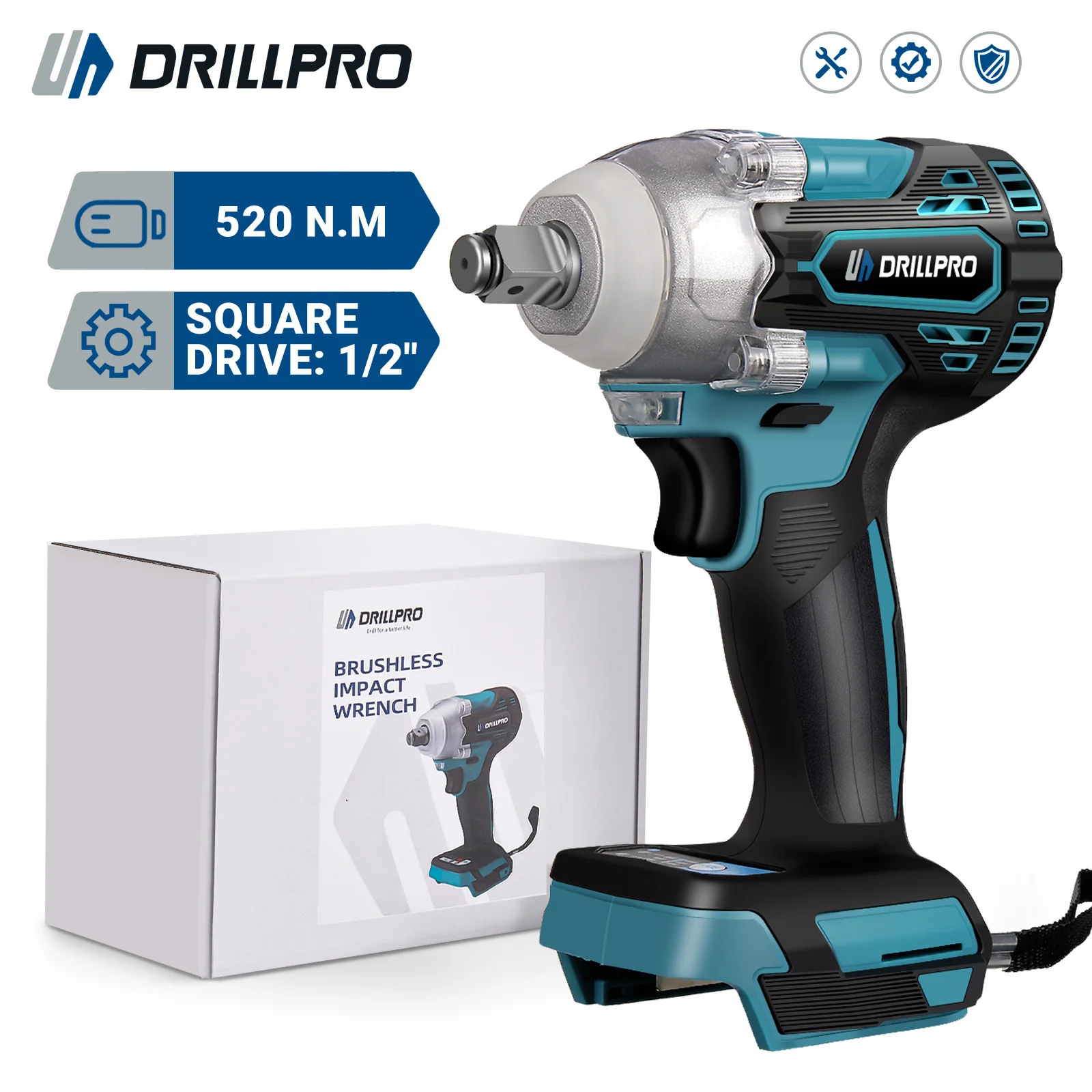 Drillpro Brushless Cordless Electric Impact Wrench 1/2 inch Screwdriver Socket Power Tools Compatible for 18V  Battery