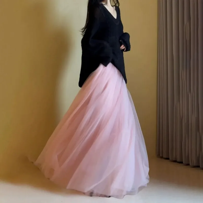 Falda Maxi de Tul Rosa para Mujer, Cintura Alta, Línea A, Fluida, Larga, Tipo Tutú