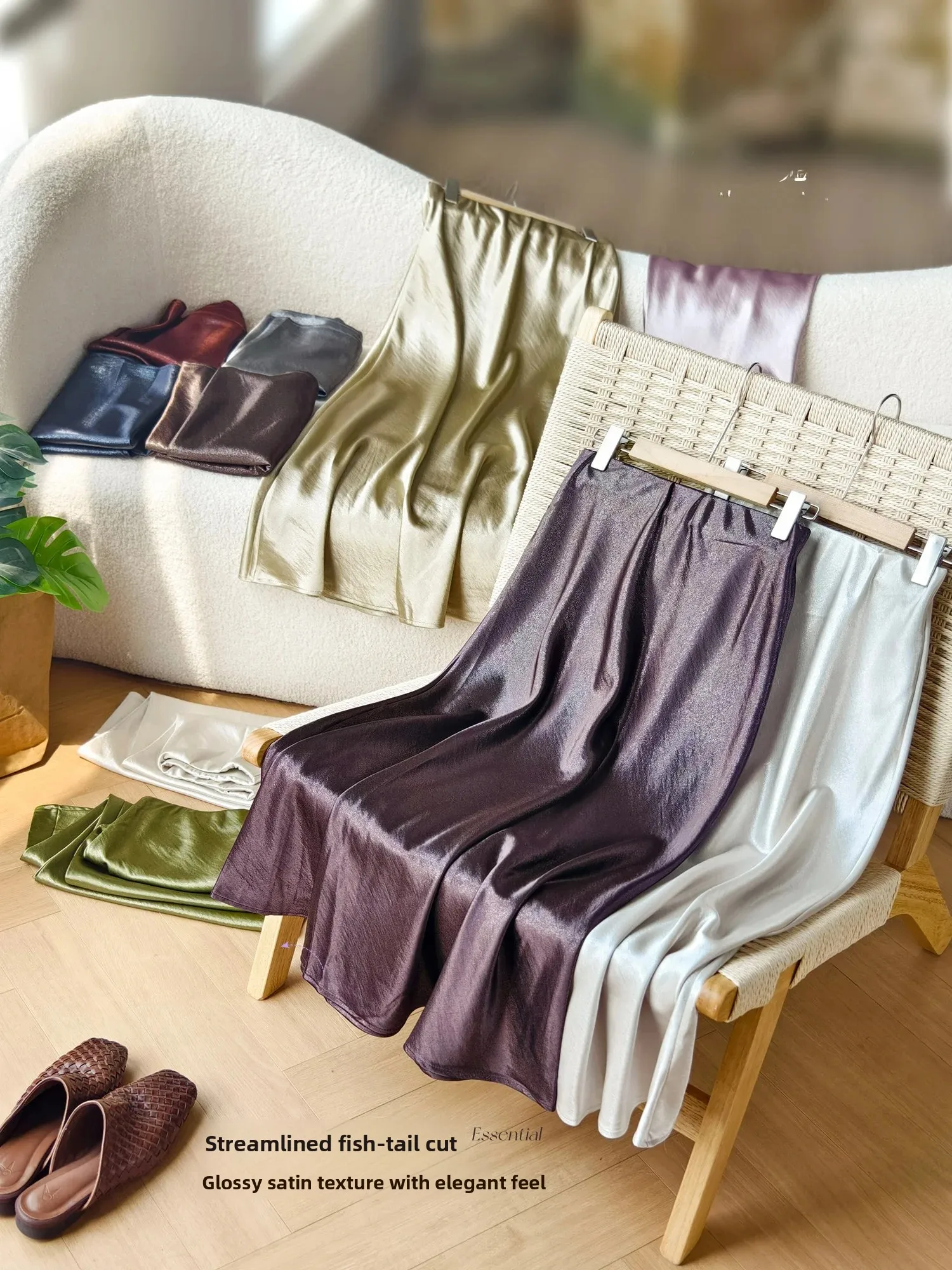 Slip-On Elastic Waist Half Skirt Smooth Satin Dyed in 11 Colors Pearl Glittering Fabric Tailored Fit Fish Tail Design