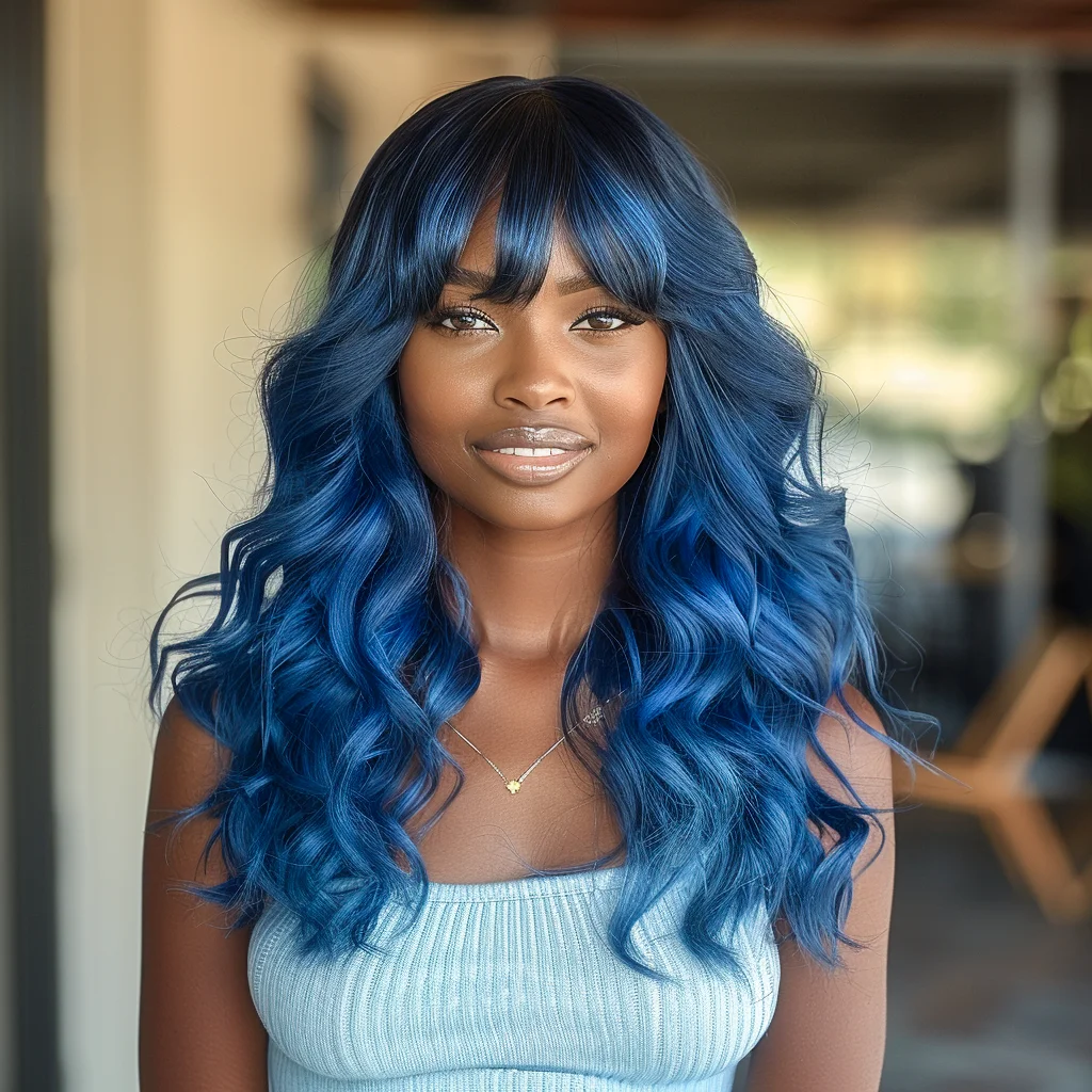 

Парик Lekker из 100% натуральных человеческих волос, 22 дюйма, синий, длинный, с волнистыми прядями и челкой, для женщин, бразильские волосы Remy, без клея, для косплея, волнистые парики