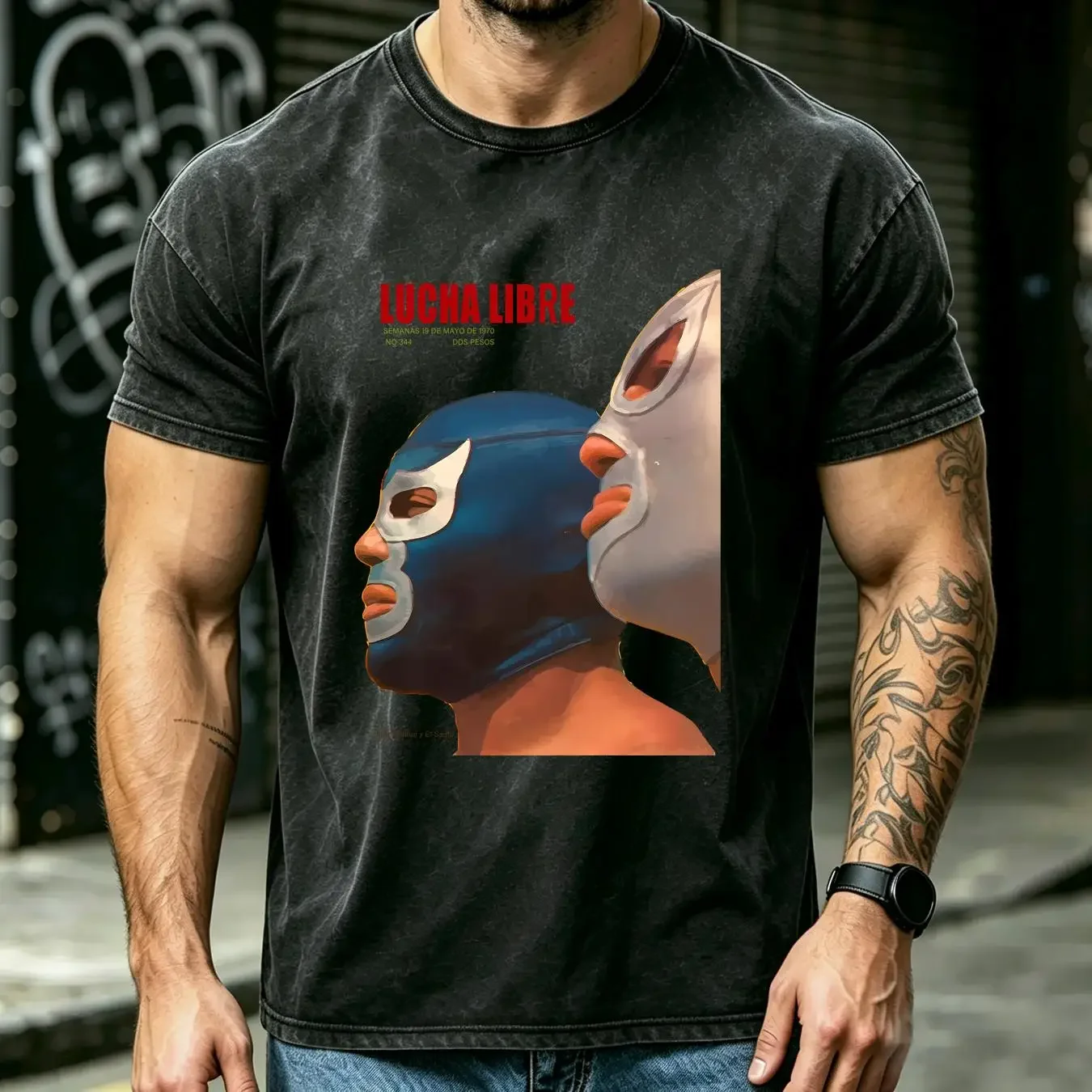 washed T Shirt Lucha Libre Blue Demon Y Santo vintage Washed Unisex homme Slightly Casual Top For Everyday Wear streetwear