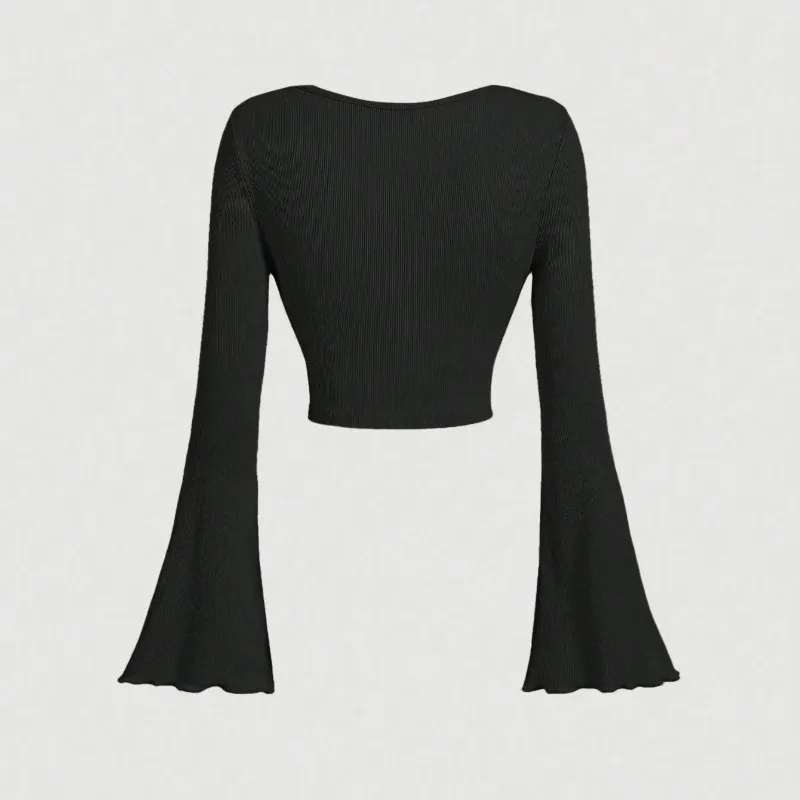 

Long Sleeve T-shirt Sexy Base Shirt Pure Wind Spice Girl Temperament Black V-neck Top Female Autumn Winter Short Slimming