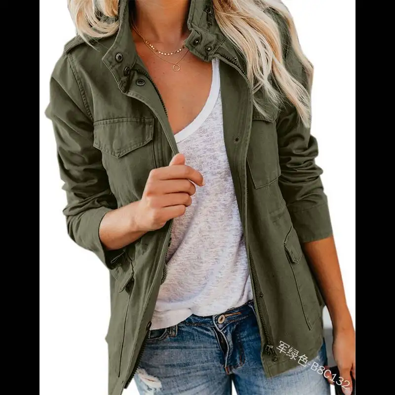 Fashion Street Hipster Long-sleeved Cargo Jacket, Solid Color Loose Korean Zippered Multi-pocket Jacket, Women's Spring Autumn