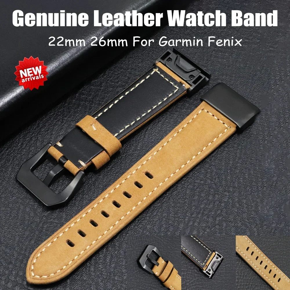 22mm Genuine Leather Watch Band For Garmin Fenix 6 6X Pro 5 5X Plus 3HR 26mm WatchBand Fenix6 Fenix5 Replacement Straps