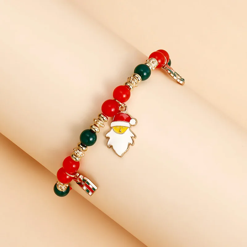 Fashion Handmade Red Agate Bead Christmas Set Bracelet New Jewelry for Women Simple Snowman Elk Bell Santa Charm Bangle Gifts