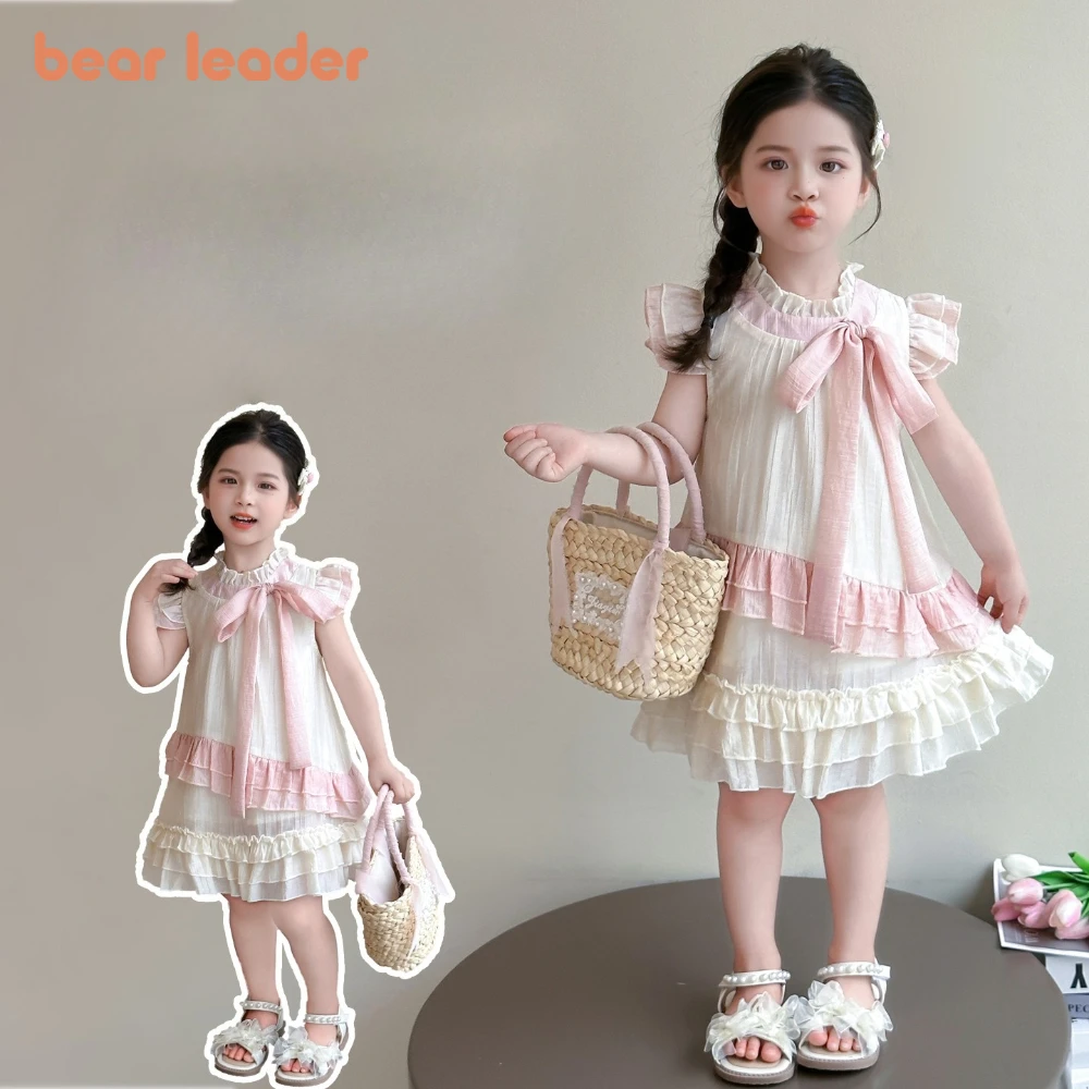 

Летние платья для девочек Bear Leader, корейская версия, для детей 2-7 лет, милое платье без рукавов с бантом, асимметричное платье для девочек